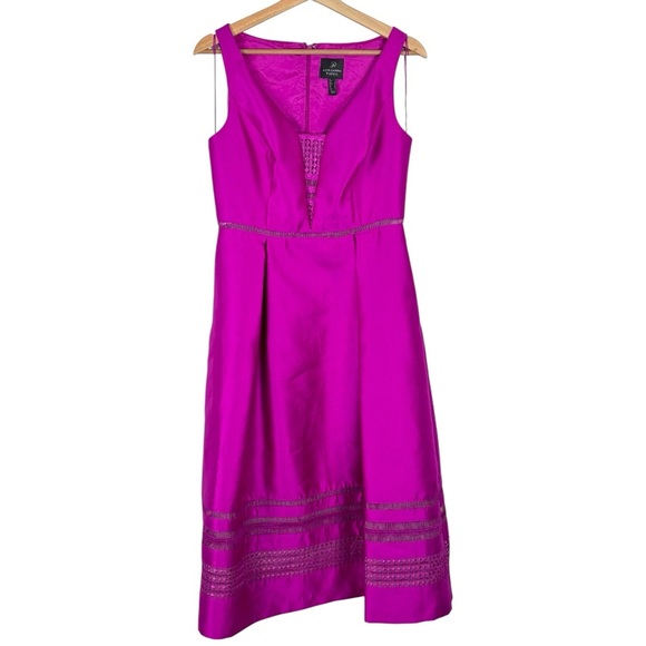 ADRIANNA PAPELL PINK LATTICE LACE TRIM A LINE SLEEVELESS MIDI COCKTAIL DRESS - Picture 3 of 15